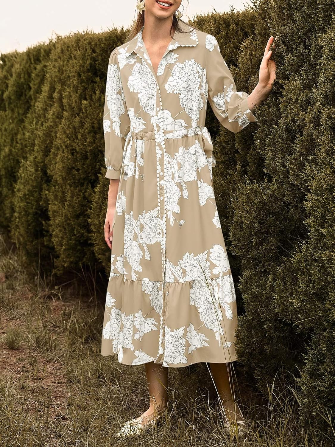 Wenrine Womens Maxi Shirt Dress Casual Floral Collared 3/4 Long Sleeve Drawstring Waist Fall Button Down Dresses - Image 5