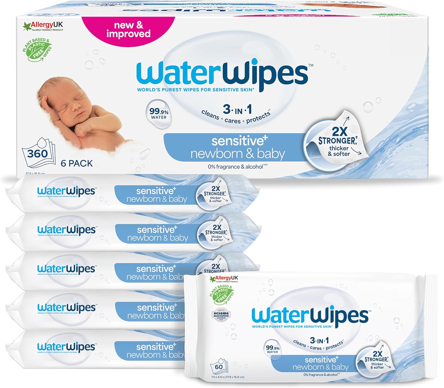 WaterWipes Sensitive+ Newborn & Baby Wipes, 360 Count (6 Packs), 3-In-1 Cleans, Cares, Protects, 99.9% Water, Unscented