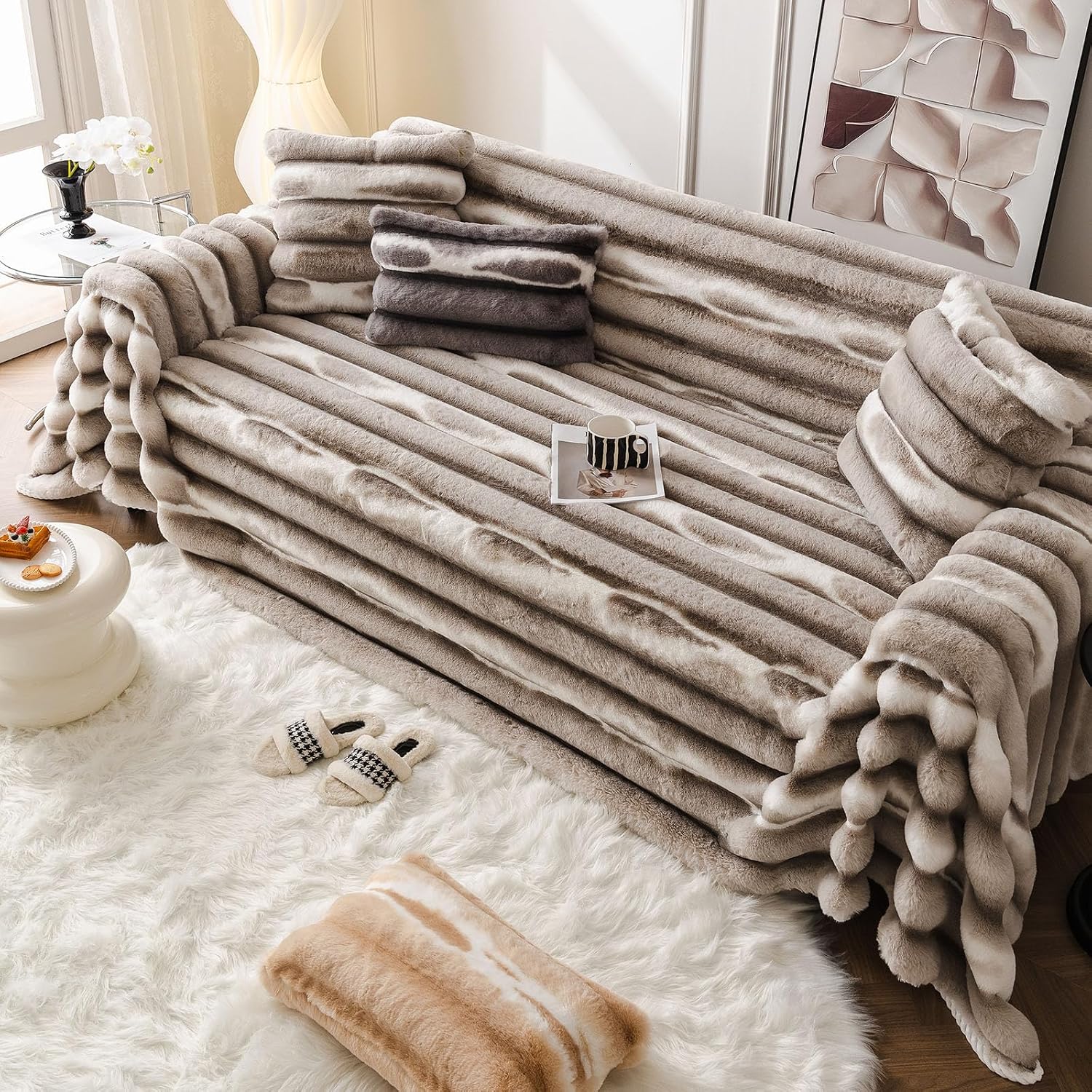 vctops Faux Rabbit Fur Sofa Covers for Sectional Sofa Luxury Gradient Color Couch Cover for Dogs Coffee Ombre Loveseat Covers Futon Cover L Shaped Cover Washable Couch Protector (Coffee,71"x51")