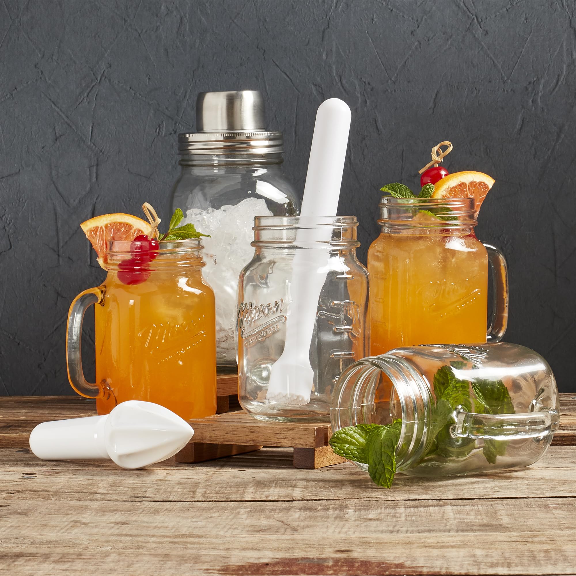 Amazon.com | Mason Craft & More 7-Piece Glass Drinkware Bar Set, Cocktail  Shaker, Muddler, Drinking Jars (16 oz.) Highball Glasses for Mojitos  Margaritas: Mixed Drinkware Sets
