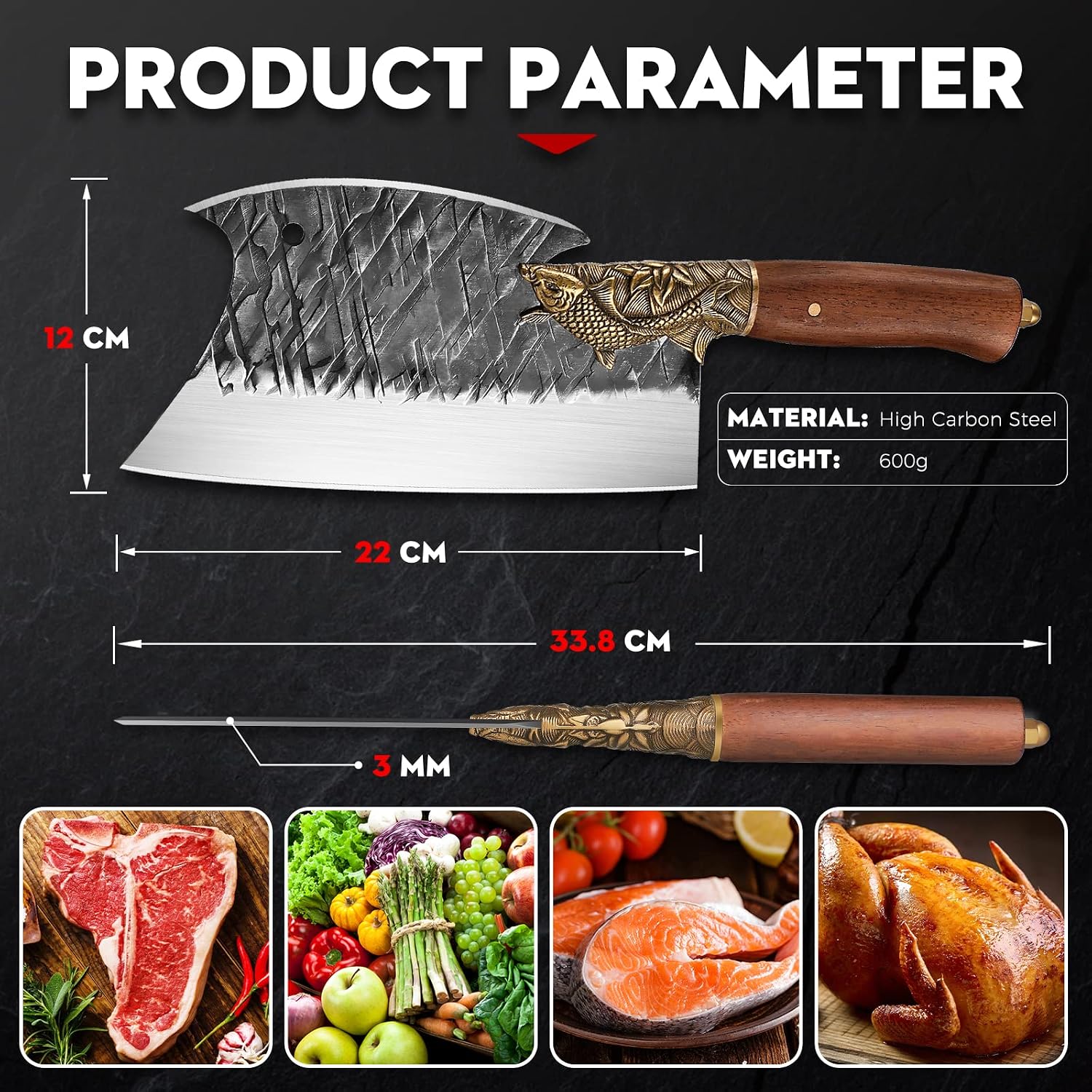 Meat Cleaver, Double Blades Bone Cutting Chopping Cleaver, High Carbon Steel Meat Cleaver, Heavy Duty Butcher Cleaver with Sheath Gift Box for Kitchen Restaurant Christmas Day New Year