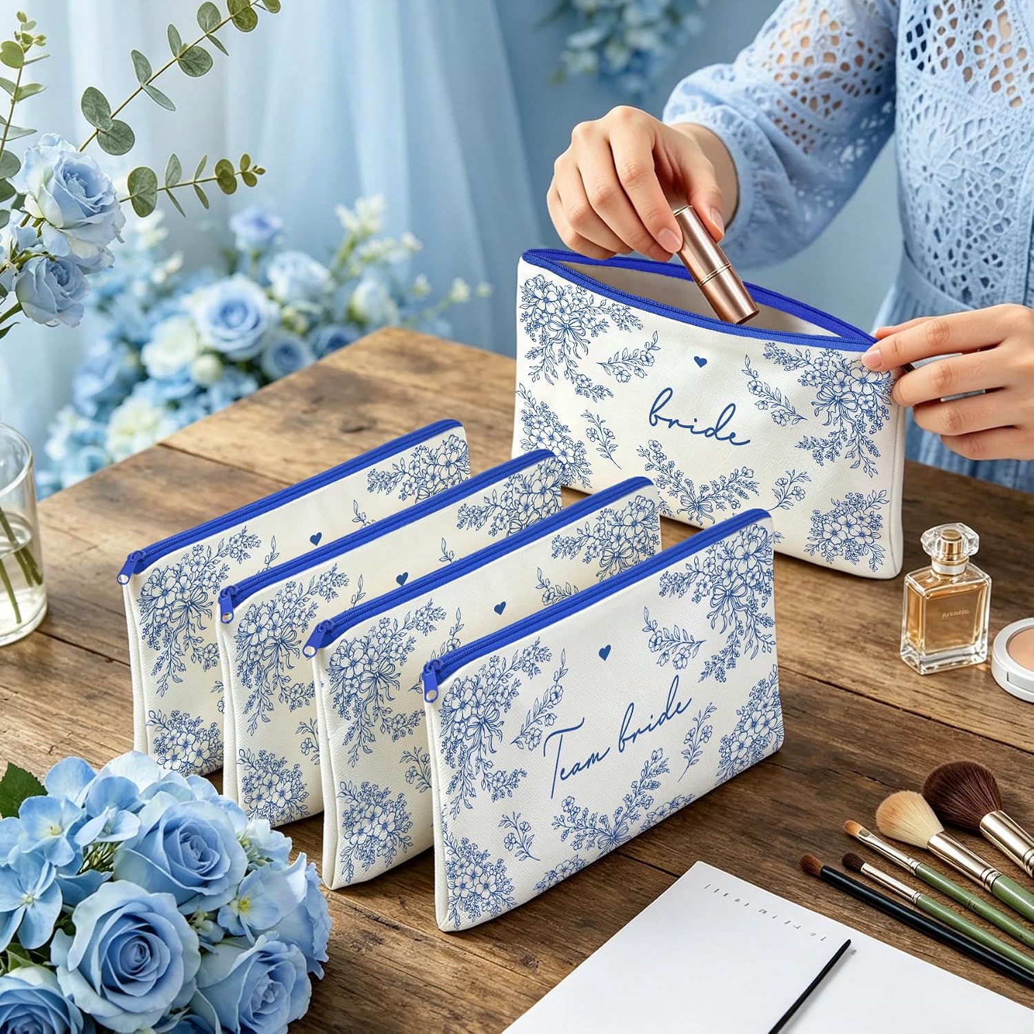 7 Pcs Team Bride Makeup Bags Bulk for Women Blue Bridesmaid Gifts Bags White and Blue Floral Cosmetic Bag Coquette Canvas Pouches Something Blue for Bride Gifts Bachelorette Wedding Party Favors image 4