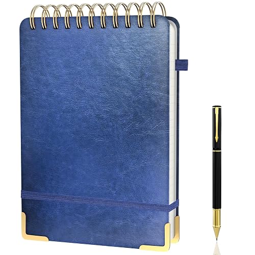 A5 Top Spiral Notebook, Large Leather Hardcover Top Bound Steno Pads, 240 Pages 100 gsm Thick Lined Paper Left Handed Notebook Journal for Work, School, Meeting Writing - Navy Blue, 5.9" x 8.5"