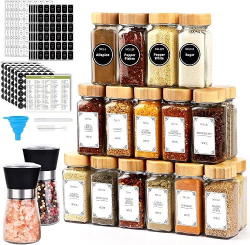 Spice Jars with Labels,24 Pcs 4oz Glass Spice Jars with Bamboo Lid and 648 Waterproof Printed Labels,2 Salt and Pepper Grinder Set,Empty Spice Containers Bottles for Pantry,Cabinet,Drawer (24 Pack)