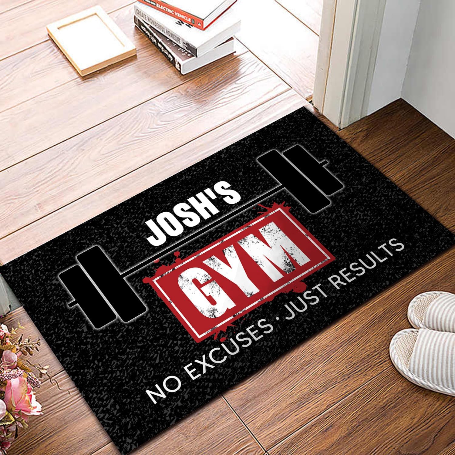Personalized Gym Doormat, Home Gym Barbell Floor Mats, Custom Workout Welcome Doormats, Work Out Exercise Gift Fitness Decorations Inside Outside Motivation Trainer Gifts Rugs, No Excuses Just Results
