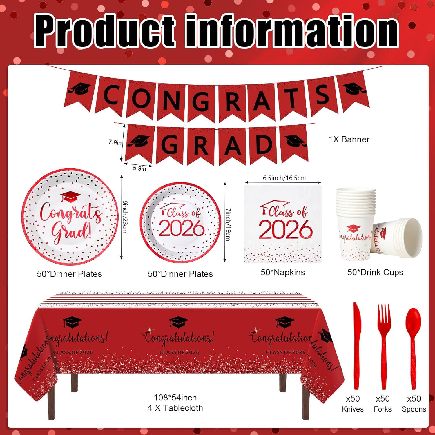 355Pcs Red Black Graduation Decorations Set 2026 Graduation Party Supplies Serves 50,Includes Congrats Grad Banner Paper Plates Cups Napkins Tablecloths Tableware for Class of 2026