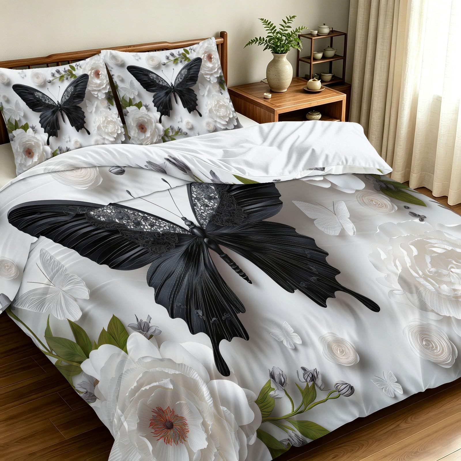 Générique Poszwa na kołdrę 220 x 240 cm realistyczny motyl kwiatowy piwonia biała wstążka, komplet pościeli z mikrofibry z 2 poszewkami na poduszki 65 x 65 cm, poszwa na kołdrę z zamkami