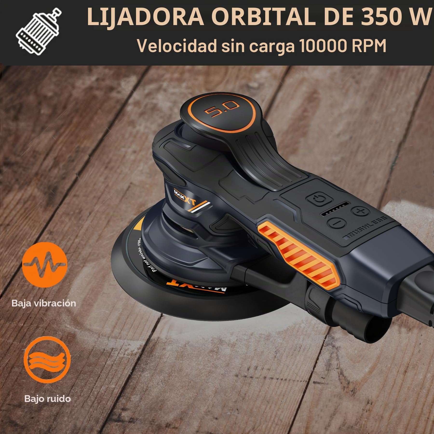 MAXXT Lijadora orbital,350w lijadora orbital aleatoria 10000 OPM con 6 velocidades variables y 10 piezas de 150mm papel,con Bolsillo Lavable de Recogida, para Lijar Madera y Metal