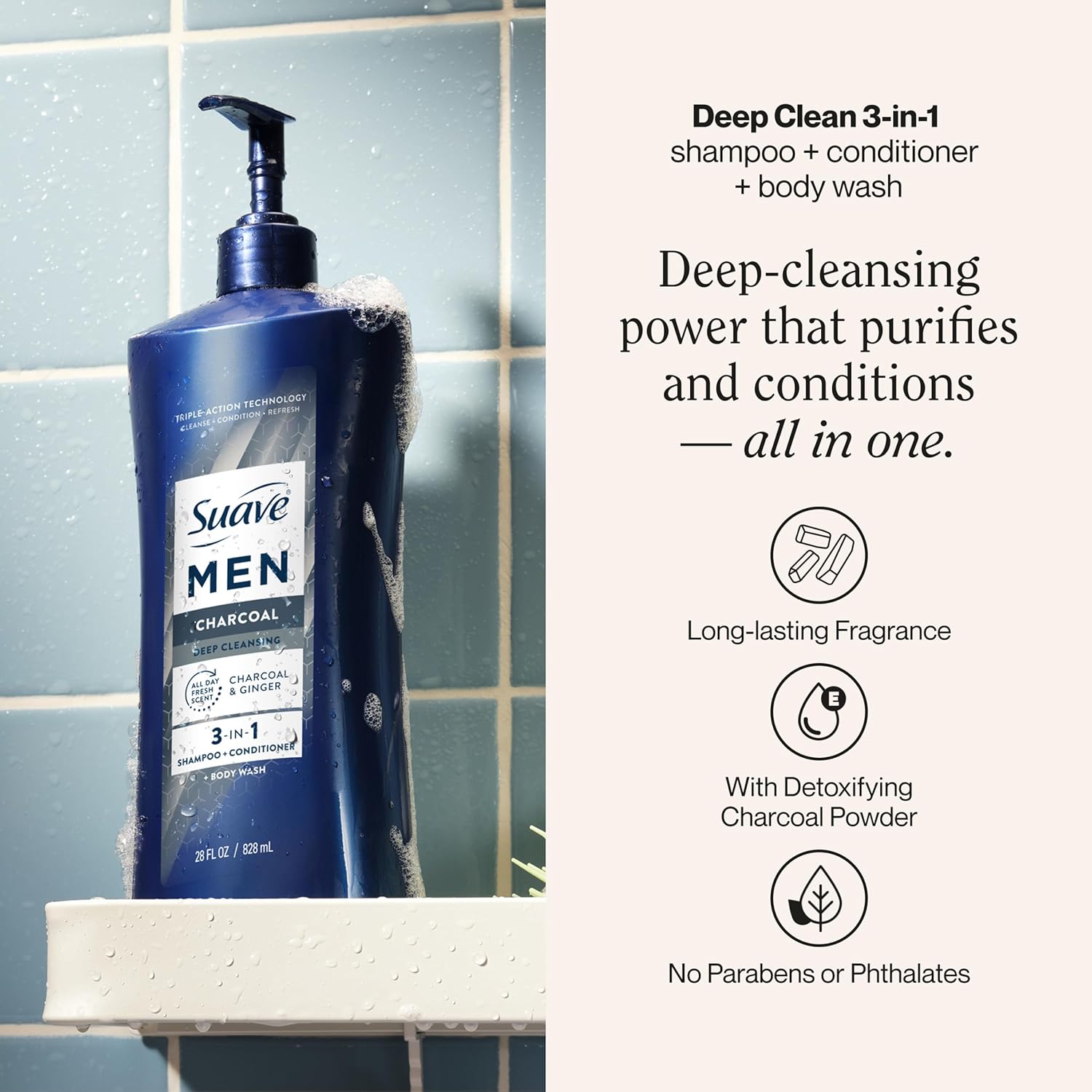 Suave Men Deep Cleansing 3 in 1 Shampoo, Conditioner & Body Wash with Charcoal Powder, Detoxifies & Cleanses Hair & Skin, Removes Oil & Impurities, 4 Count, 28 FL OZ Pump