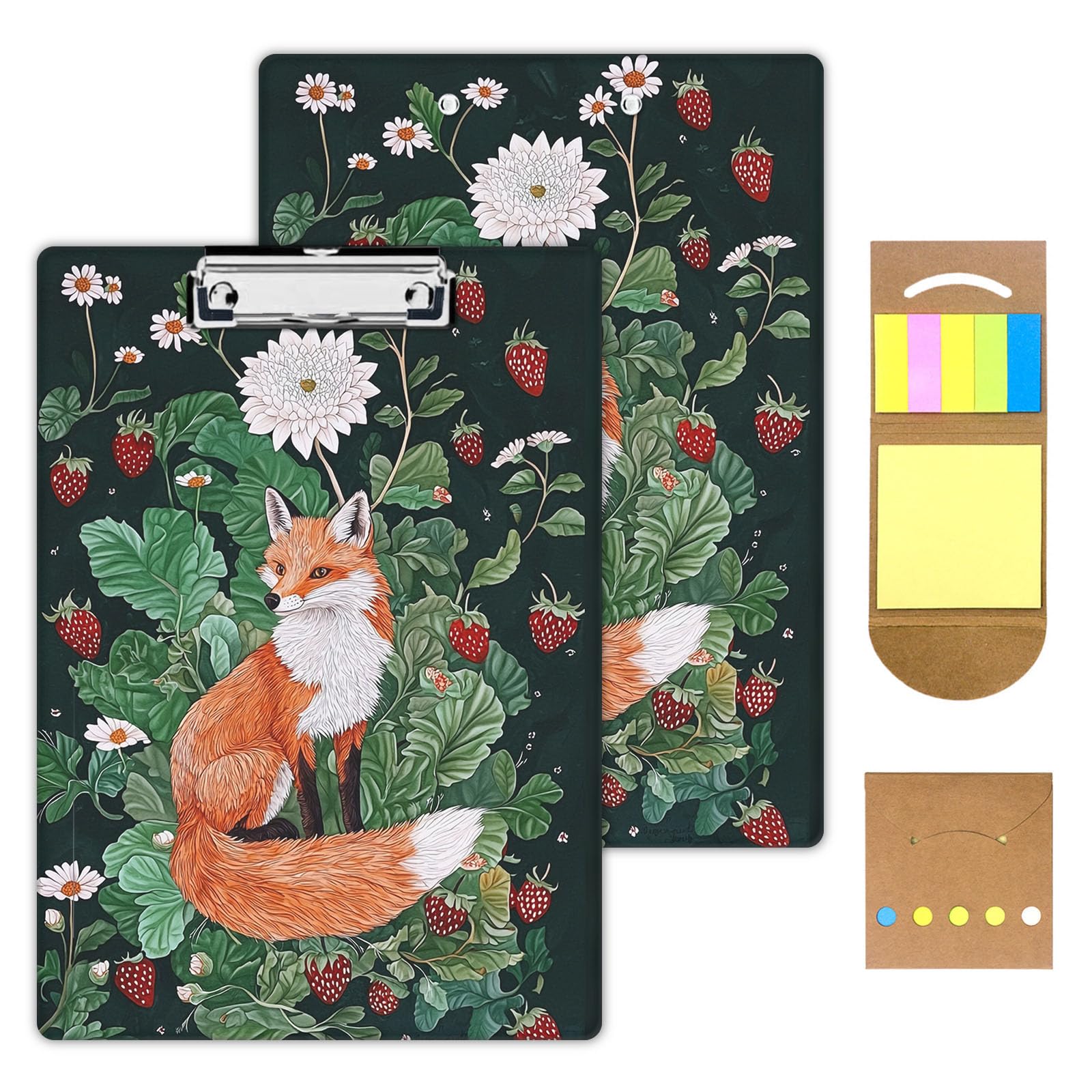 KUJKBFWJ Acrylic Clipboards with Sticky Note, A4 Letter Size Durable Cute Clip Board 9x12.5, for Students, Nursing, School and Office, with Low Profile Clip & Hanging Loop, Strawberry Fox