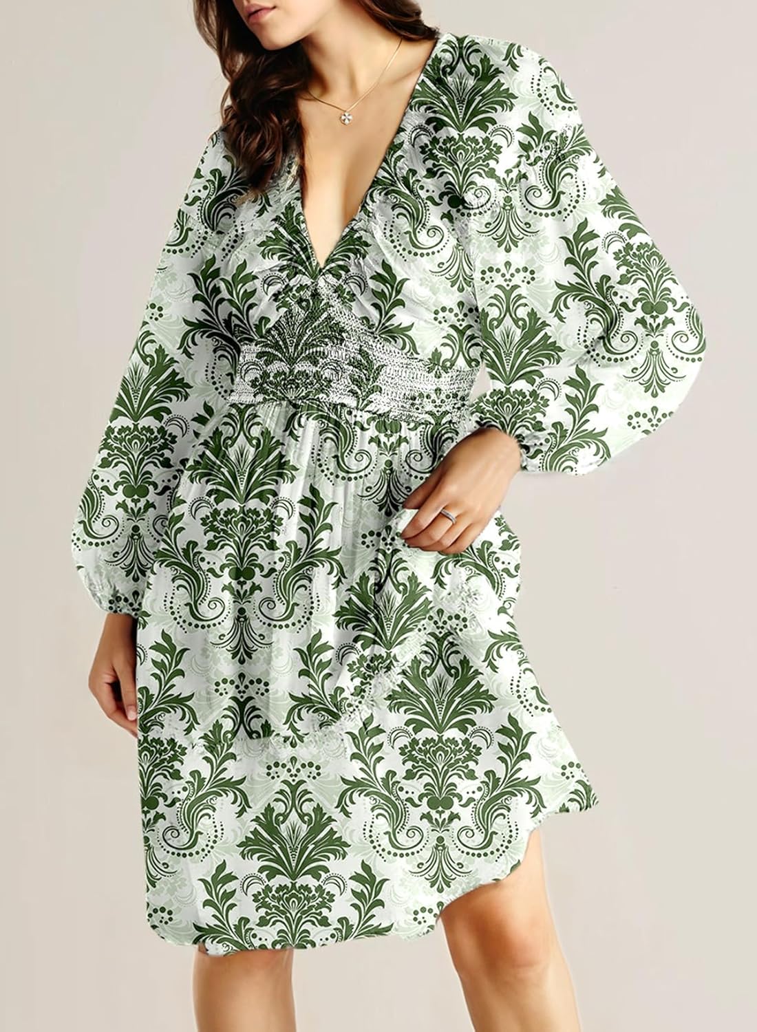 Dokotoo Spring Dresses for Women 2026 Boho Floral V Neck Long Sleeve Smocked Elastic Waist Casual A-Line Mini Dress Sundress - Image 2