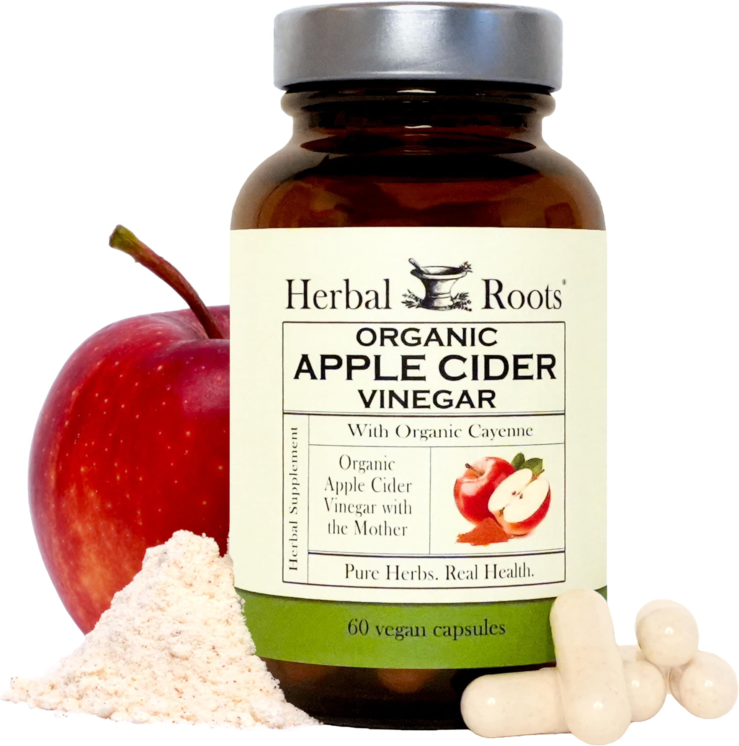 Herbal Roots Organic Apple Cider Vinegar Capsules with Mother - Pure Extra Strength - 60 Vegan Capsules