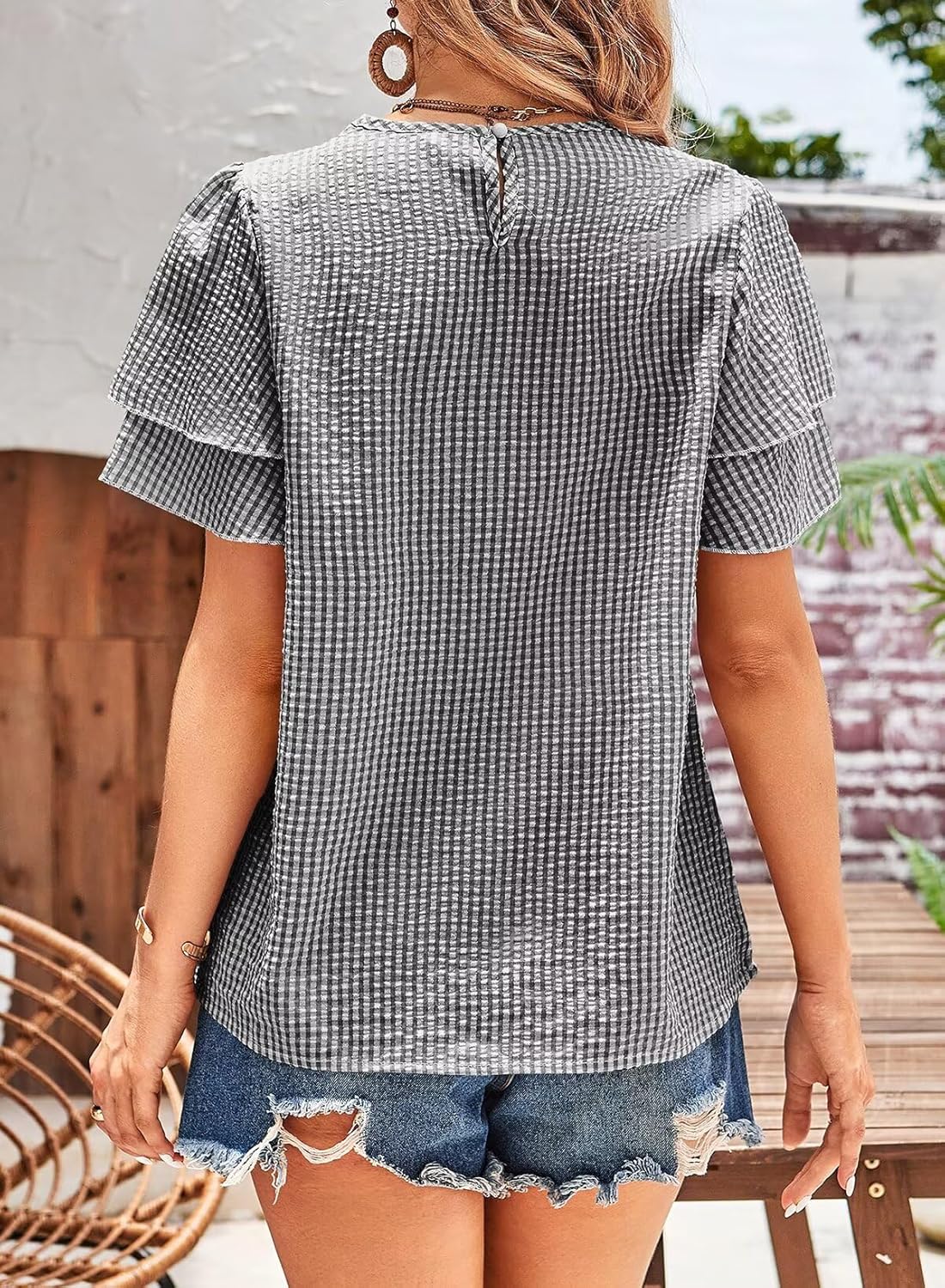 Womens Tops Dressy Casual Cute Babydoll Ruffle Sleeve Blouses Summer Gingham Flowy Peplum Peasant Shirts - Image 3