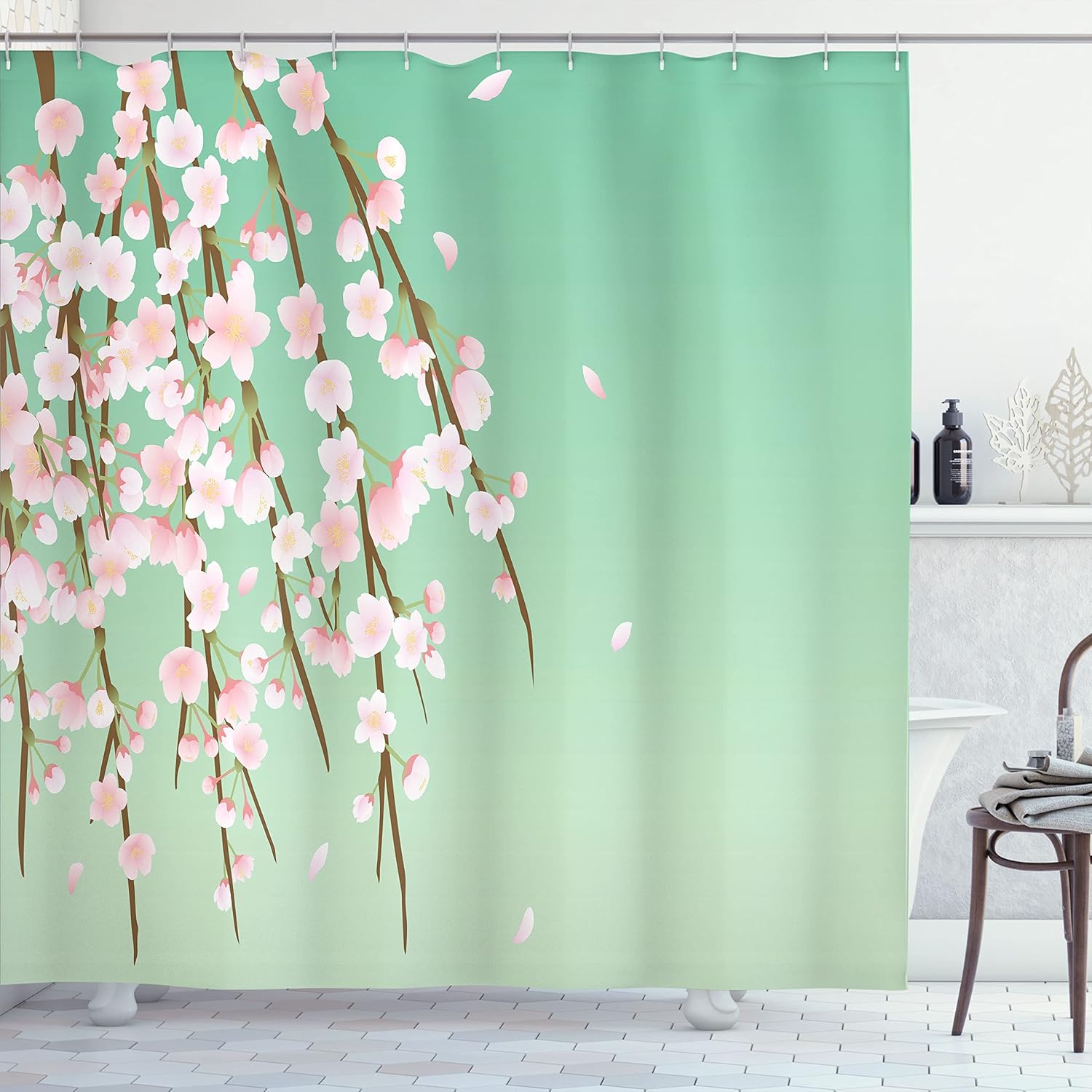 Ambesonne Weeping Flower Shower Curtain, Freshly Blooming Cherry Blossom Branches Buds Spring Season Artwork, Cloth Fabric Bathroom Decor Set with Hooks, 69" W x 75" L, Mint Pale Green