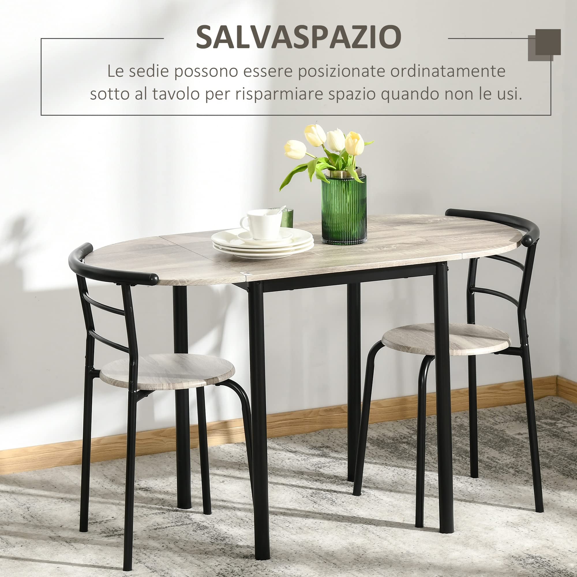 HOMCOM Set da Pranzo 3 Pezzi con 2 Sedie e 1 Tavolo da Pranzo Ovale in MDF e Acciaio per Spazi Limitati, Color Legno