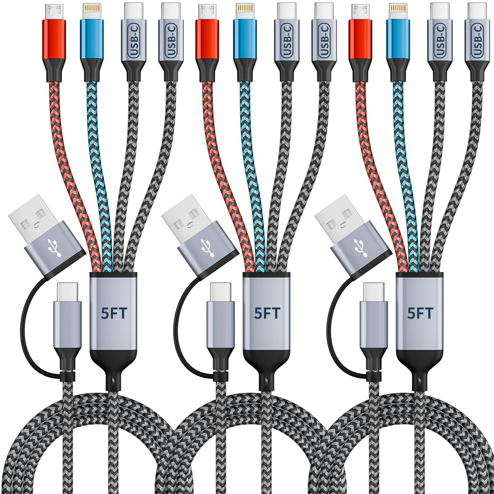 USB A/C Multi Charging Cable, 4in2 USB Cable with Dual Type-C/IP/Micro USB, 5FT Travel Charger for Multiple Devices, Phone Charger Cord for iPhone 17/16/15/14, Galaxy, Android Tablet Pad，3Pack