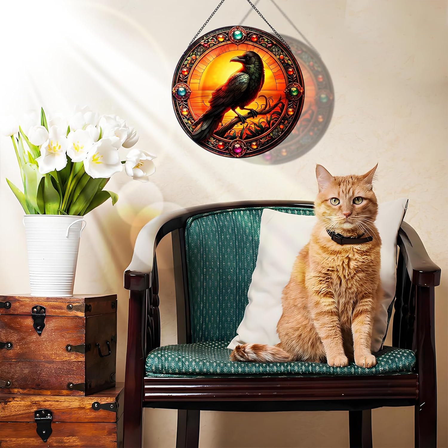 RIVEENY Crow Suncatcher Stained Glass, Stained Glass Window Hanging,Crow Wall Decor Bird Gifts for Bird Lovers, Halloween Fall Decor for Home, Cafe, Office 20cm/7.87inch - Image 5