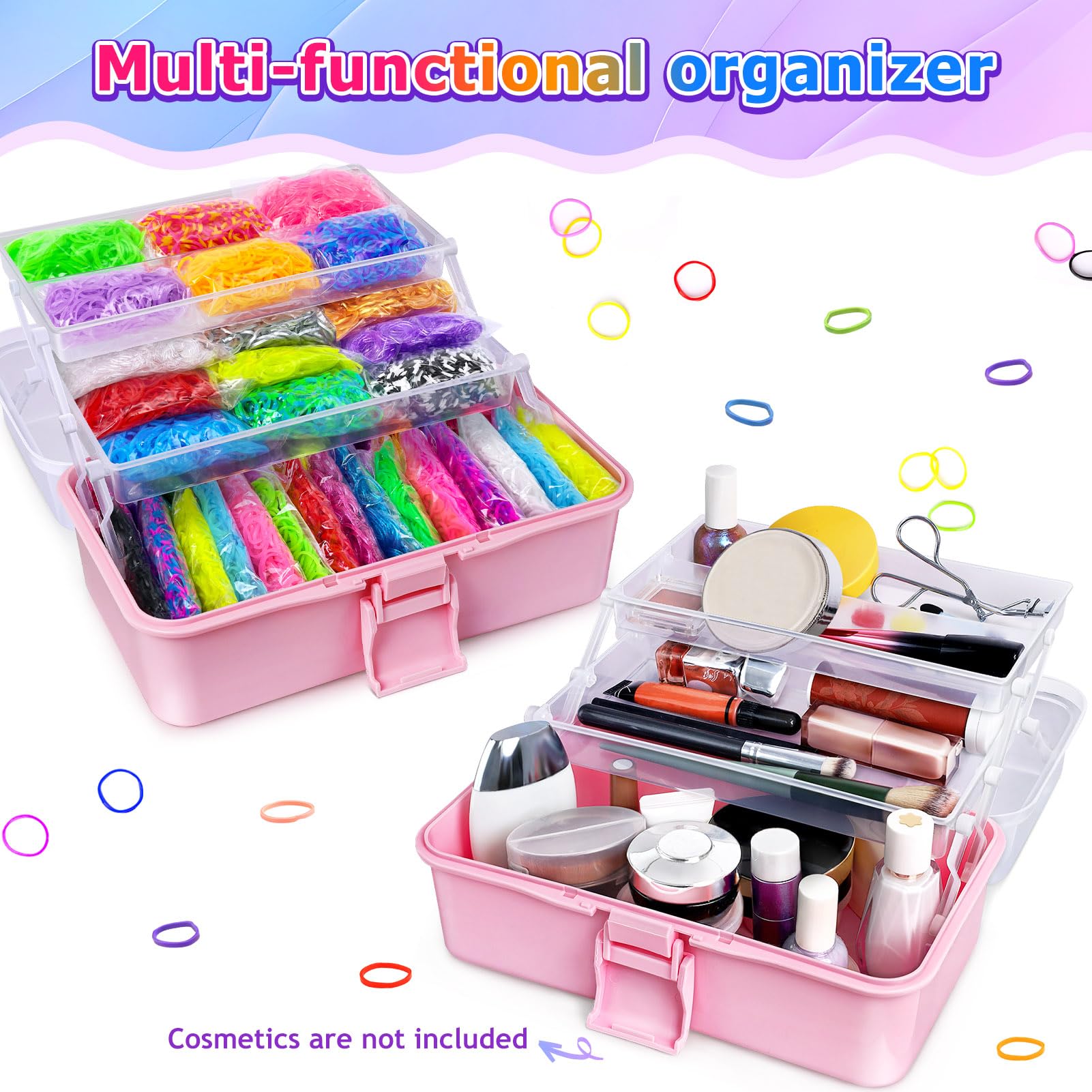 ROSHUKG 45 Colours Loom Bands Kit with 3 Layer Container, Rubber Bands Bracelet Making Kit for Boys Girls Weaving Gift(Pink) - Image 3