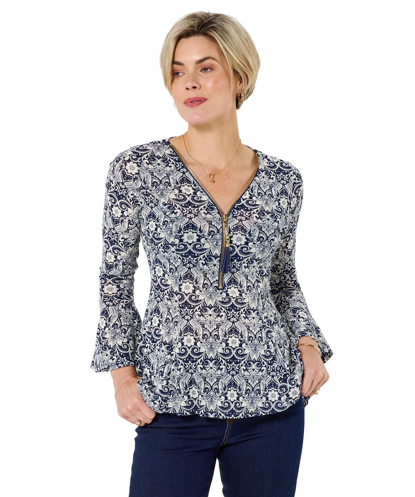 Joe Browns Women's Lace Overlay Fluted Sleeve Zip Front Top, Regular, Navy, UK 6