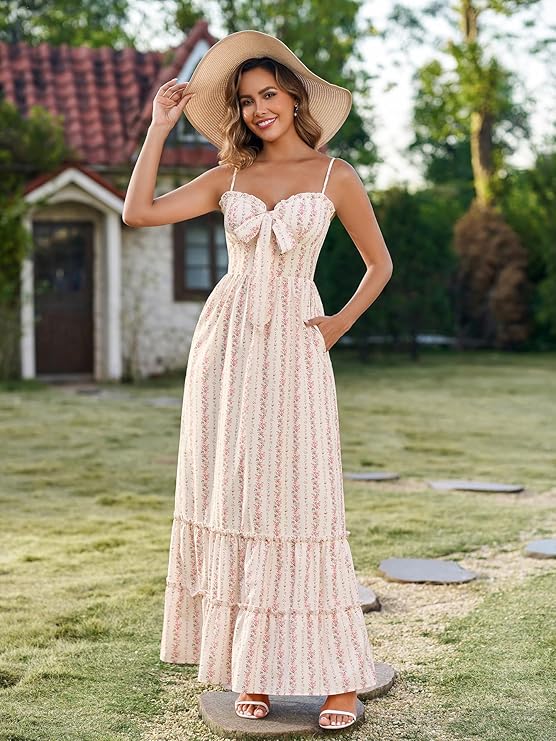 Womens Floral Front Tie Smocked Maxi Dress Spaghetti Strap Ruffled Tiered Summer Casual Boho Beach Sundress