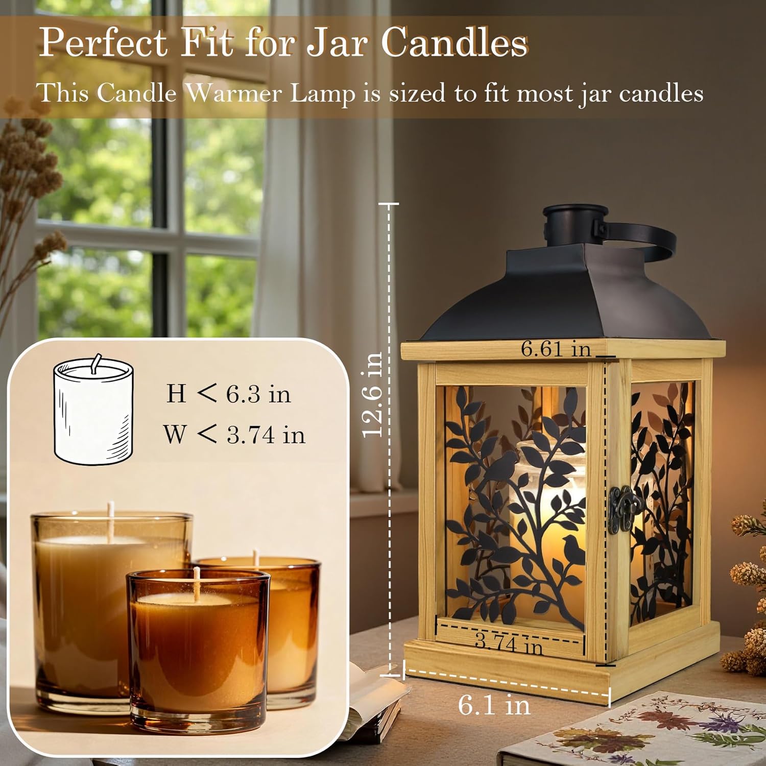 Candle Warmer Lamp, with Timer and 2 Bulbs Dimmer Farmhouse Lantern for Top-Down Adjustable Candle Warmer, Electric Lamp for Jar Candles, Auto Shut Off Home Decor Gift for Women (Handmade Wood)