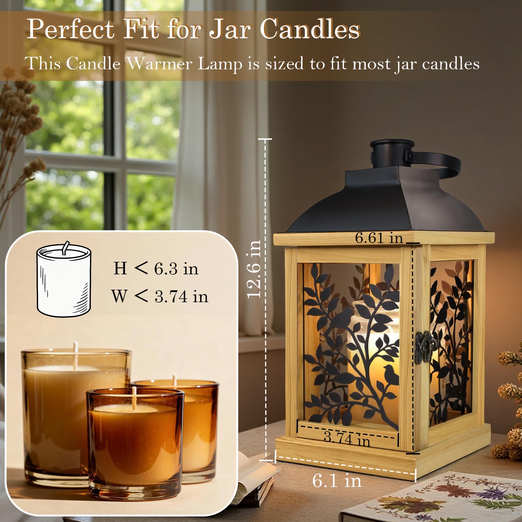Lampe Chauffe-Bougie avec Minuterie, Brûleur de Bougie Électrique Réglable en Bois Style Fermier à Intensité Variable, Lanterne Chauffante pour Bougie en Pot, Lampe Fondoir avec 2 Ampoules