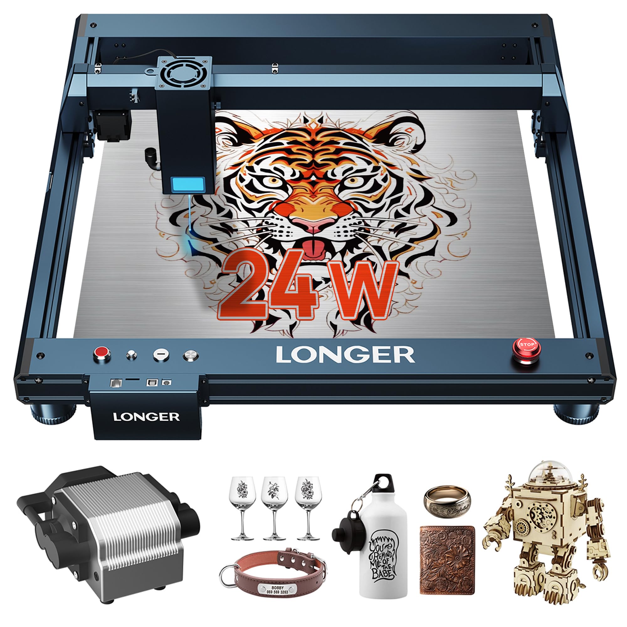 Diode Laser Engraver with Automatic Air Assist for Engraver on Glass Cup Rings, 24mw Laser Cutter for Cutting 25 mnBoards, Suitable for Wood and Metal, Paper, Acrylic, Glass, Leather