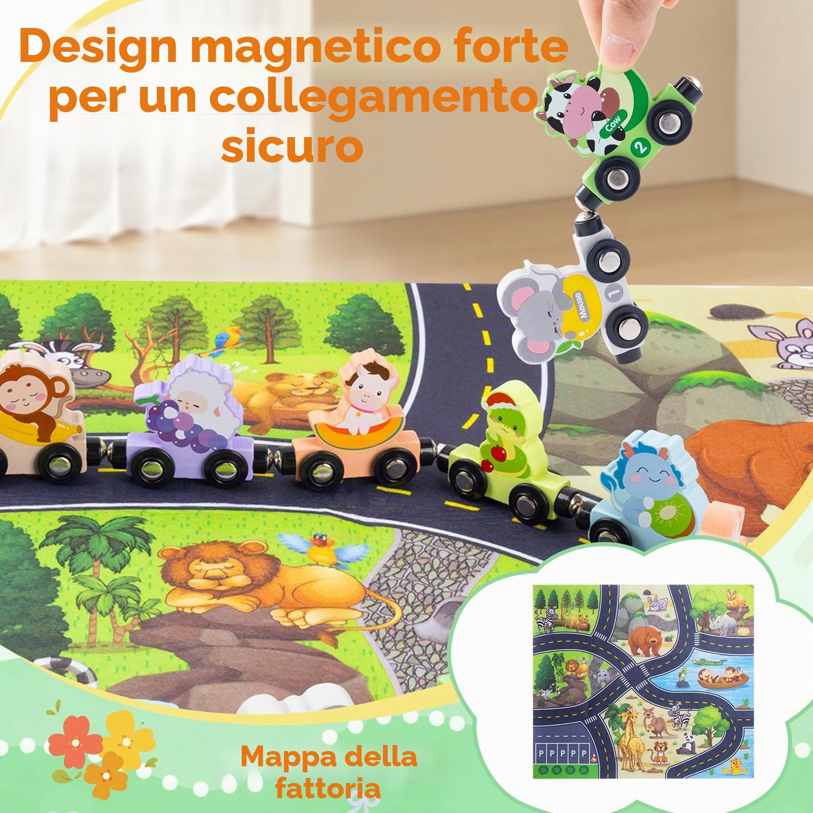 Giocattoli Montessori a partire da 1, 2, 3 anni, Set di 13 Animali in Legno a Forma di Treno, Treno di Animali Magnetico in Legno con Tappetino da Gioco, Giocattolo Educativo per Motorizzazione per