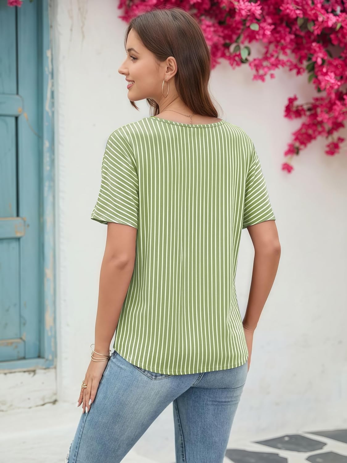 Women's Summer Tops Trendy V Neck Tie Front T-Shirt Casual Short Sleeve Loose Fit Top Blouses - Image 5