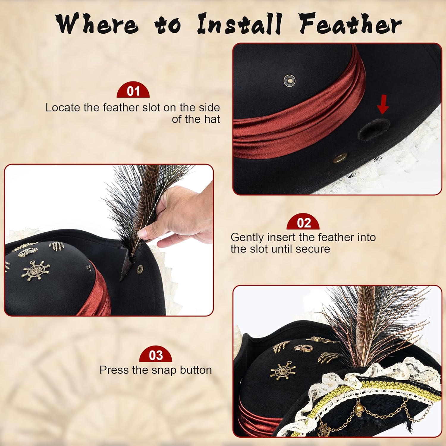 Pirate Costume Hat Women,Pirate Accessories Steampunk Costume for Woman,Renaissance Costume Hat with Feather Lace for Halloween,Cosplay Steampunk Party - Image 5