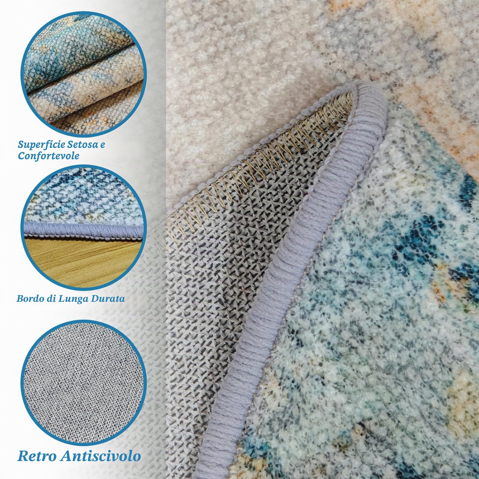 Tappeto Rotondo Astratto per Soggiorno, Lavabile in Lavatrice, Antiscivolo, Pelo Corto, Non Perde Pelo | Tappeto Moderno per Salotto e Camera da Letto, Ø 200 cm, Ottanio e Beige