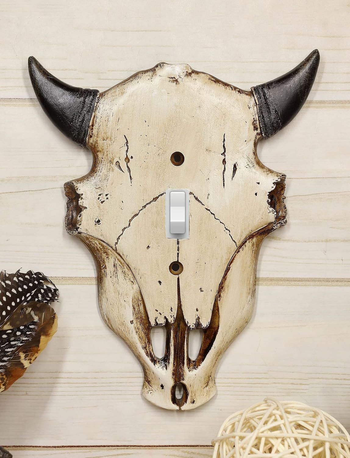 Ebros Gift Set of 2 Western Rustic Bull Bison Cow Skull Wall Electrical Cover Plate Accent 3D Hand Painted Bulls Cows Bisons Buffalos (Single Toggle Switch)