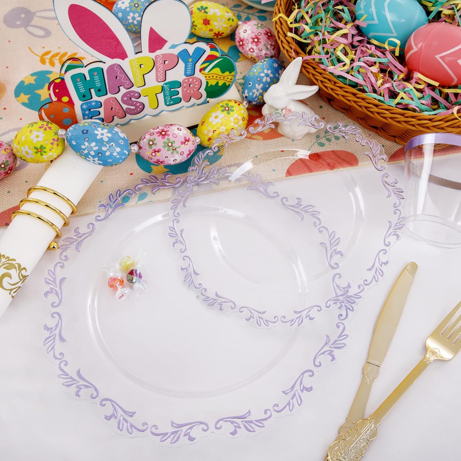 PULOTE 175PCS Purple Plastic Plates - Clear Plastic with Purple Rim - Include 25 Each (Dinner & Dessert) Plates, 25 Guests Cutlery, 25 Cups, 25 Napkins for Easter & Spring