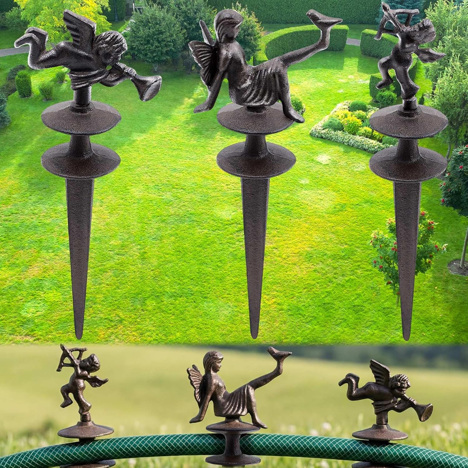 Briwooody 3 Pcs Garden Hose Guide Set Stakes Heavy Duty Cast Iron Water Hose Guide Spike Garden Stakes Decorative for Outside Flower Beds Plant(Rooster Iris Bird)