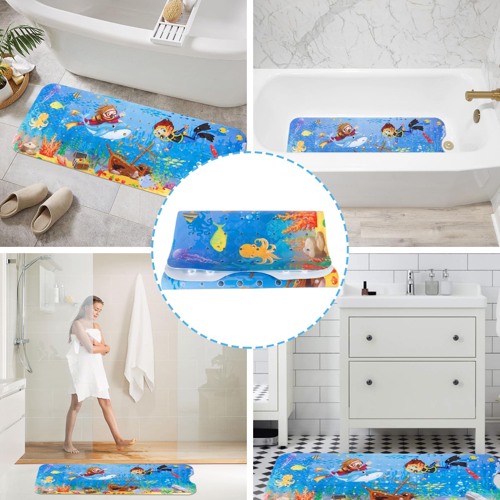 CIRULLI Antypoślizgowa mata do kąpieli dla dzieci 100 x 40 cm - wanna antypoślizgowa, motyw morski, antypoślizgowa mata do kąpieli z 200 przyssawkami, bez BPA, odporna na pleśń i można prać w pralce