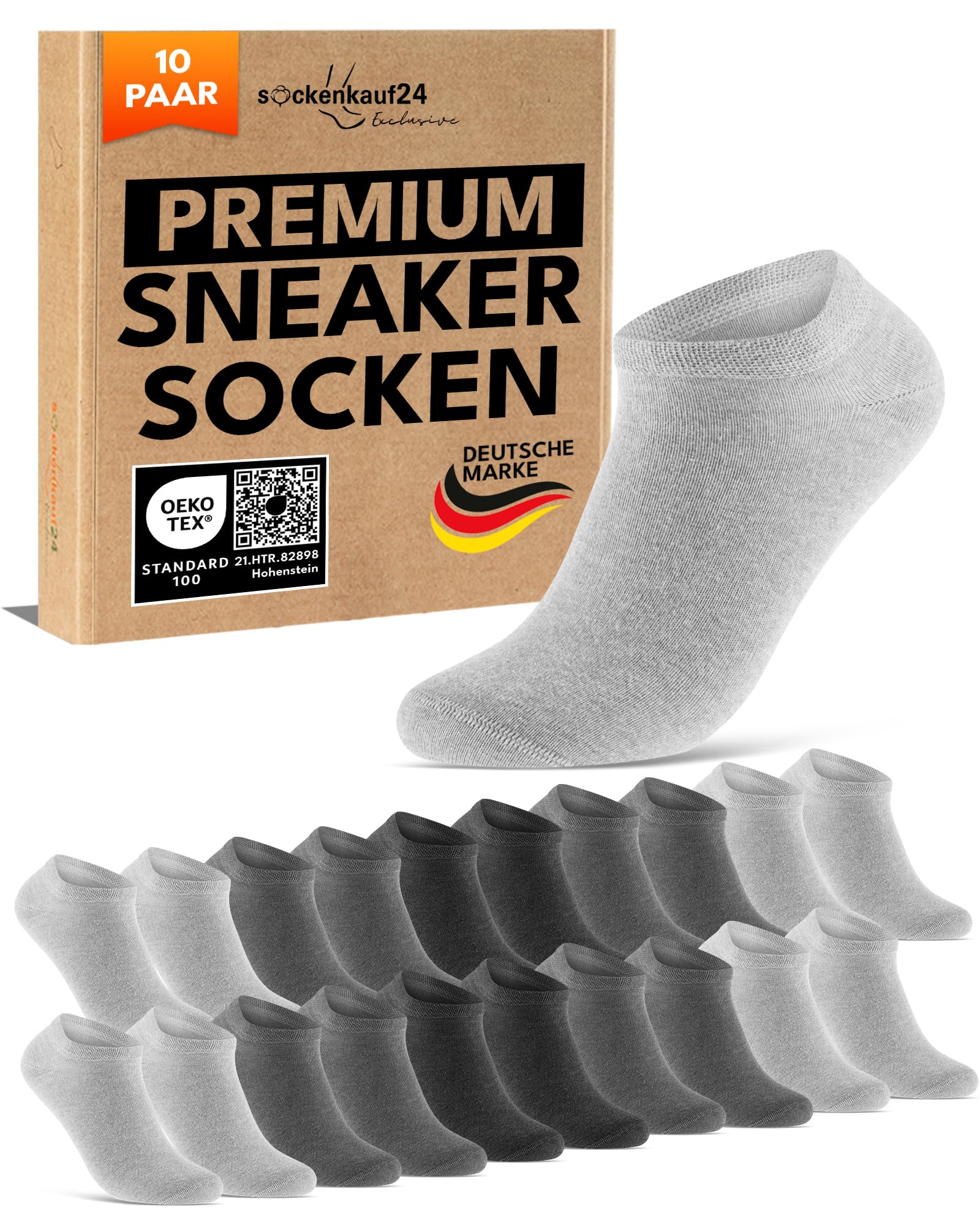 10 Paar Premium Sneaker Socken Herren & Damen aus gekämmter Baumwolle mit Komfortbund ohne drückende Naht
