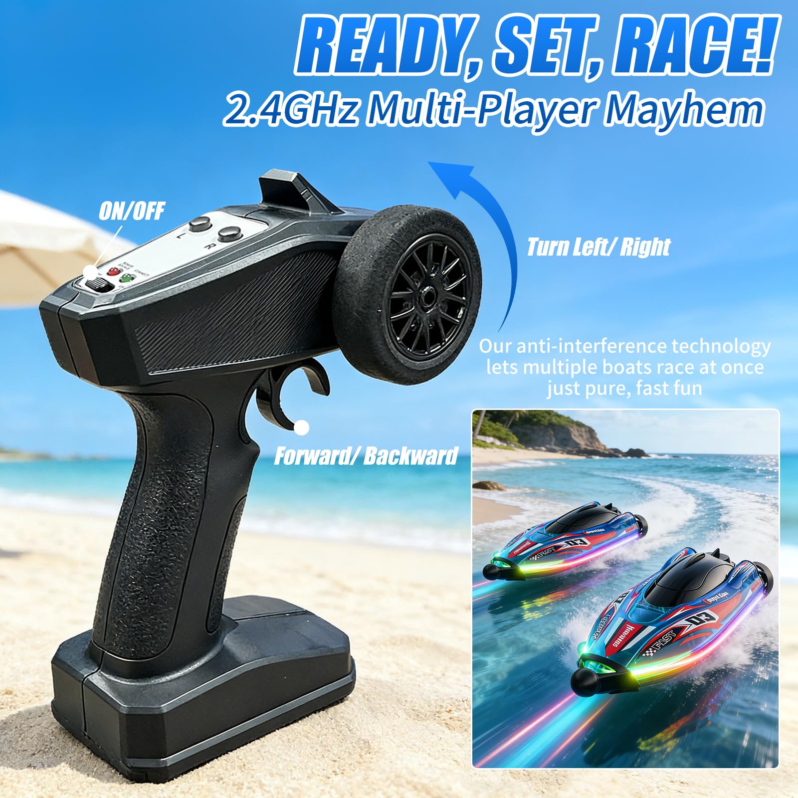 Teledirigido Barco Brusstenless, 2,4 GHz RC Barco con Cool Luz LED | Boat de Carreras Alta Velocidad, Baterías modulares, Impermeable y Anti-vuelco, Juguete de Agua Ideal para 6+ Niños y Niñas