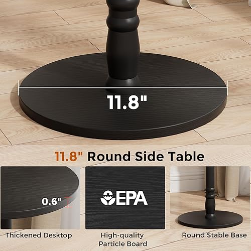 Miniatura 7 de Mesa auxiliar redonda, pilar de madera maciza con parte superior y base de madera, mesa decorativa pequeña para sala de estar, dormitorio, sofá y