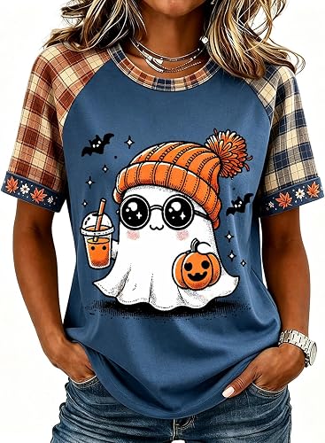 Halloween Raglan Sleeve Clothes for Women Funny Ghost Graphic Cute Rolled Cuff C