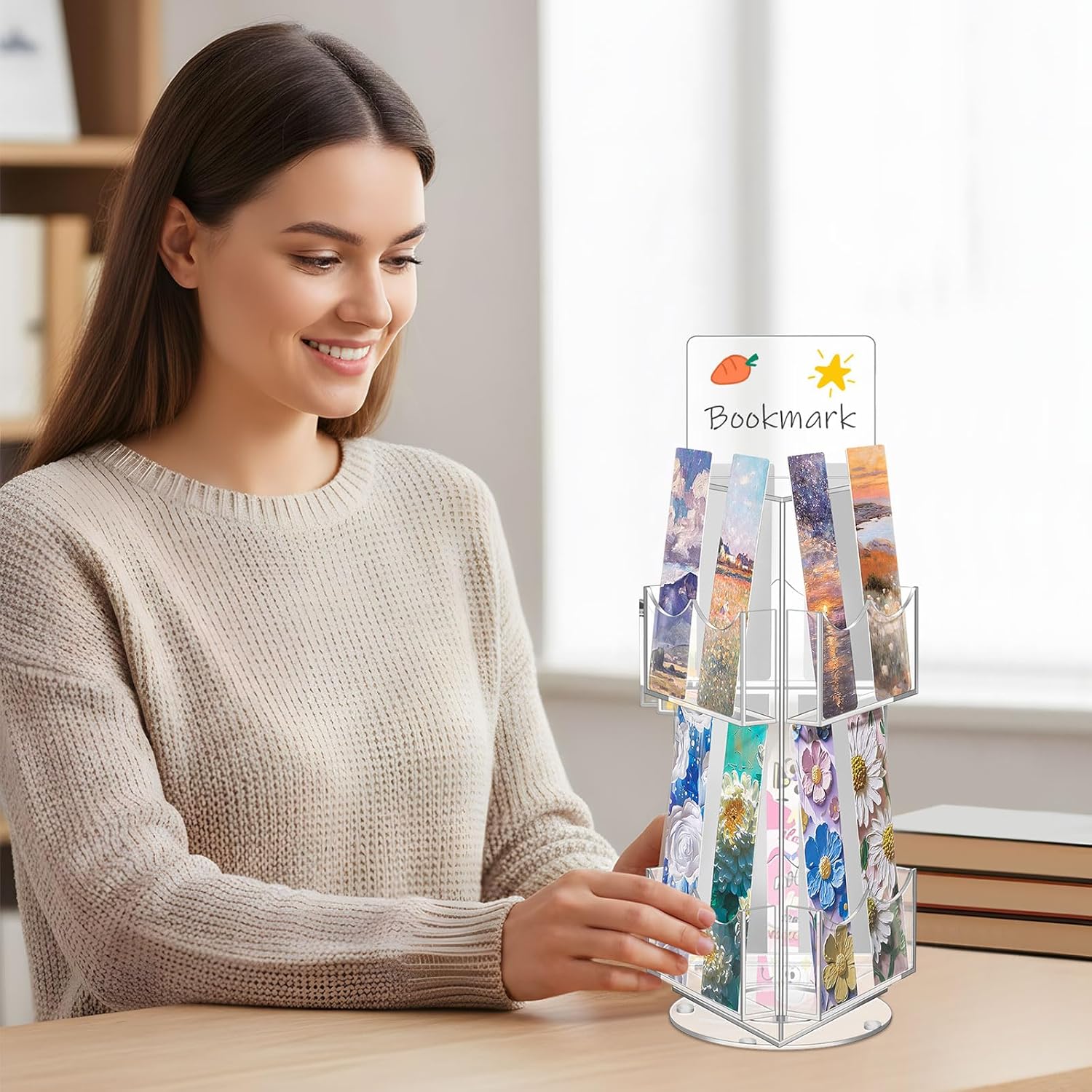Marsui 2 Tier Acrylic Rotating Bookmark Display Stand, 14.6 x 4.1 x 5.9 Inches 3 Sided Bookmark Sticker Holder, 360° Rotating No Assembly Required for Vendors, Retail, Showcase, Trade Show