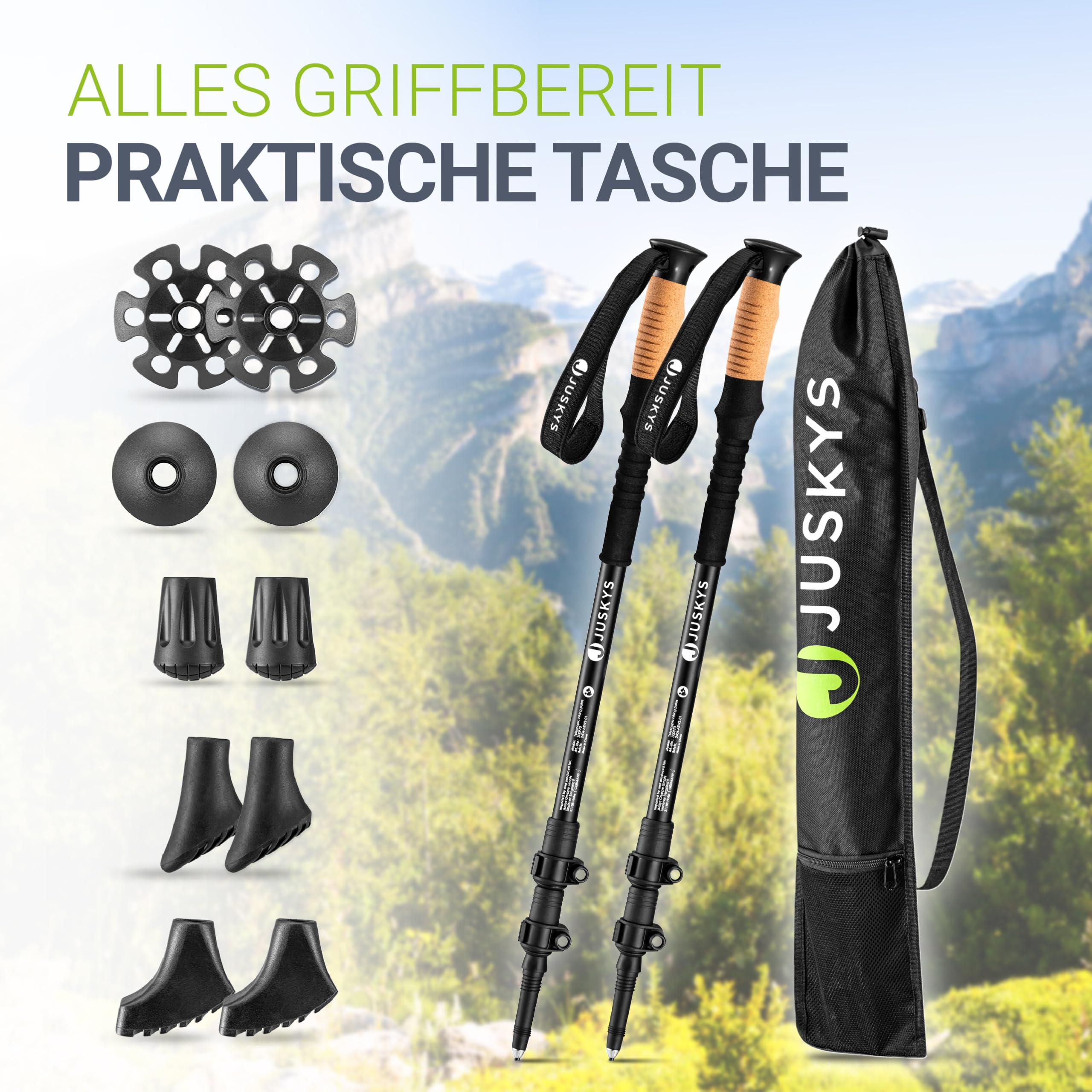 JUSKYS® Wanderstöcke - 2 Alu Teleskop Nordic Walking Stöcke, leicht & ausziehbar, Damen & Herren, mit Gummipuffer & Tasche, Kork Griff - Schwarz