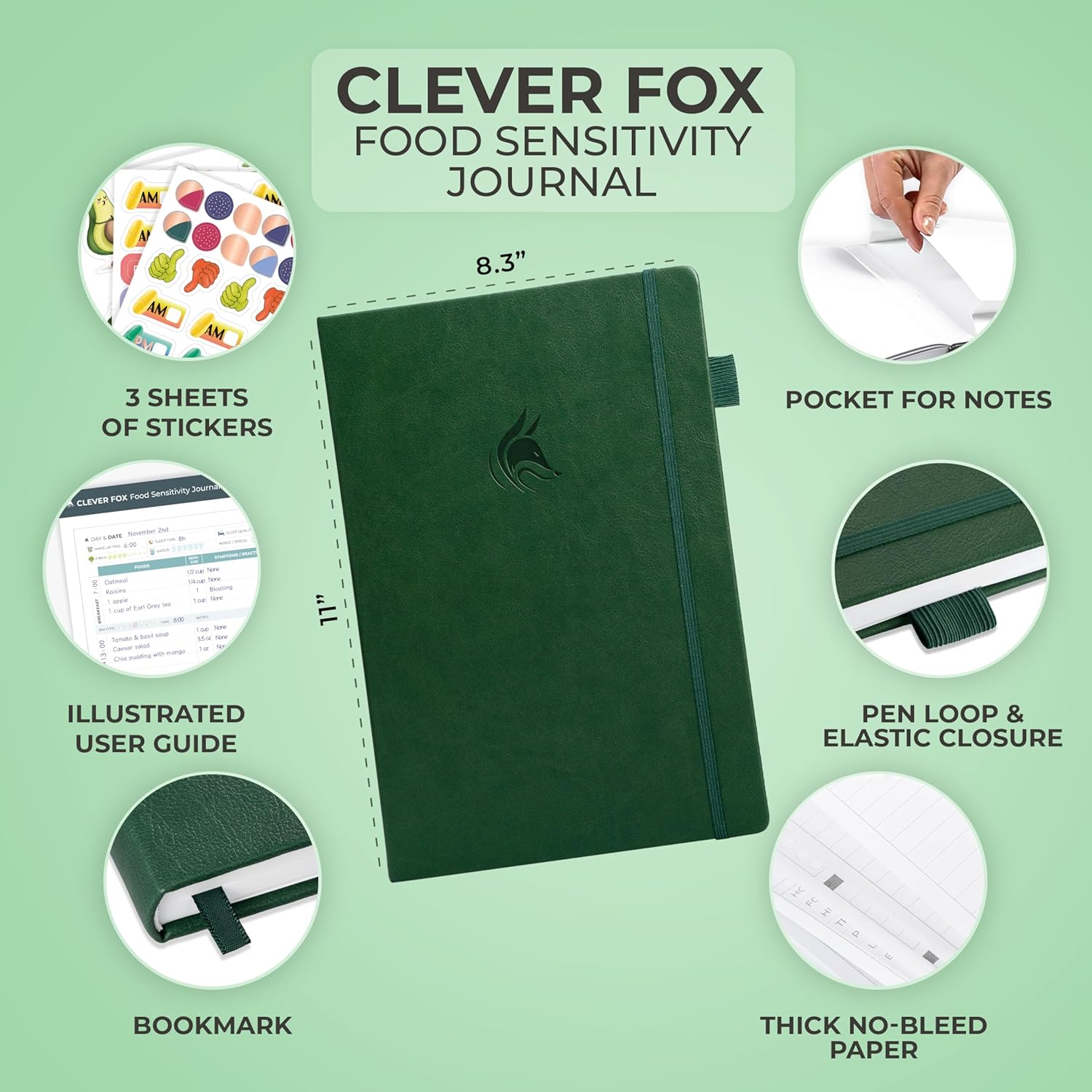 Clever Fox Food Sensitivity Journal Large – Daily Intolerance & Symptom Log for IBS, Diabetic, Low Fodmap, Elimination Diet – Health Tracker, 8.3x11” (Forest Green)