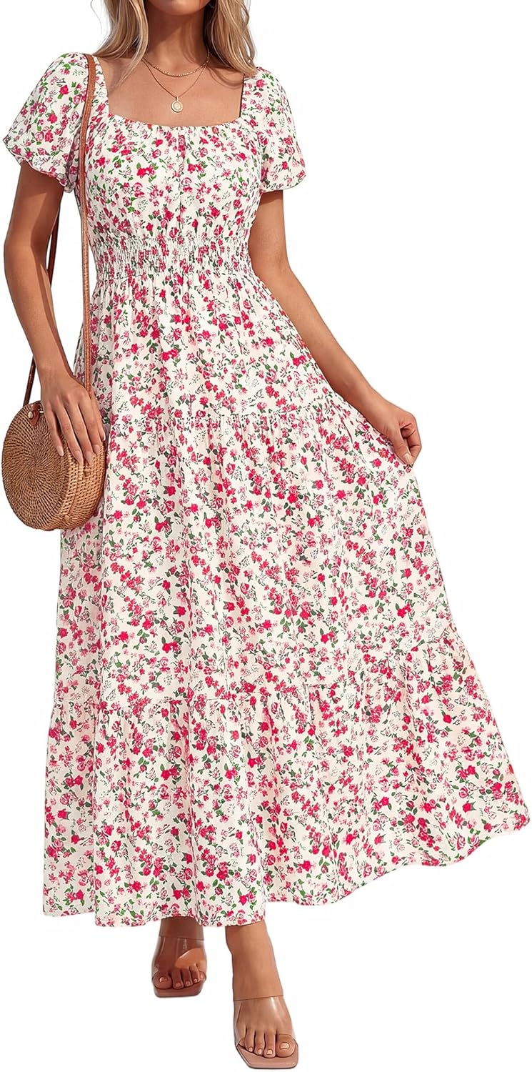 BTFBM Summer Dress for Women 2026 Spring Floral Short Sleeve Casual Flowy A-Line Smocked Tiered Maxi Dresses Pockets