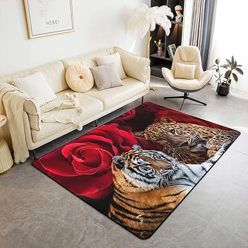 Alfombra decorativa de tigre, 5 x 7 pulgadas, estampado de leopardo, safari, gato, alfombra decorativa para mujer, color rojo y rosa, para sala de