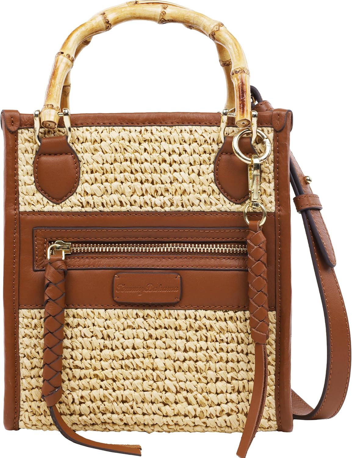 Tommy Bahama Raffia Tote Bag with Bamboo Handle, Structured Summer Handbag with Crossbody Strap, Beach and Resort Purse, Cognac and Natural