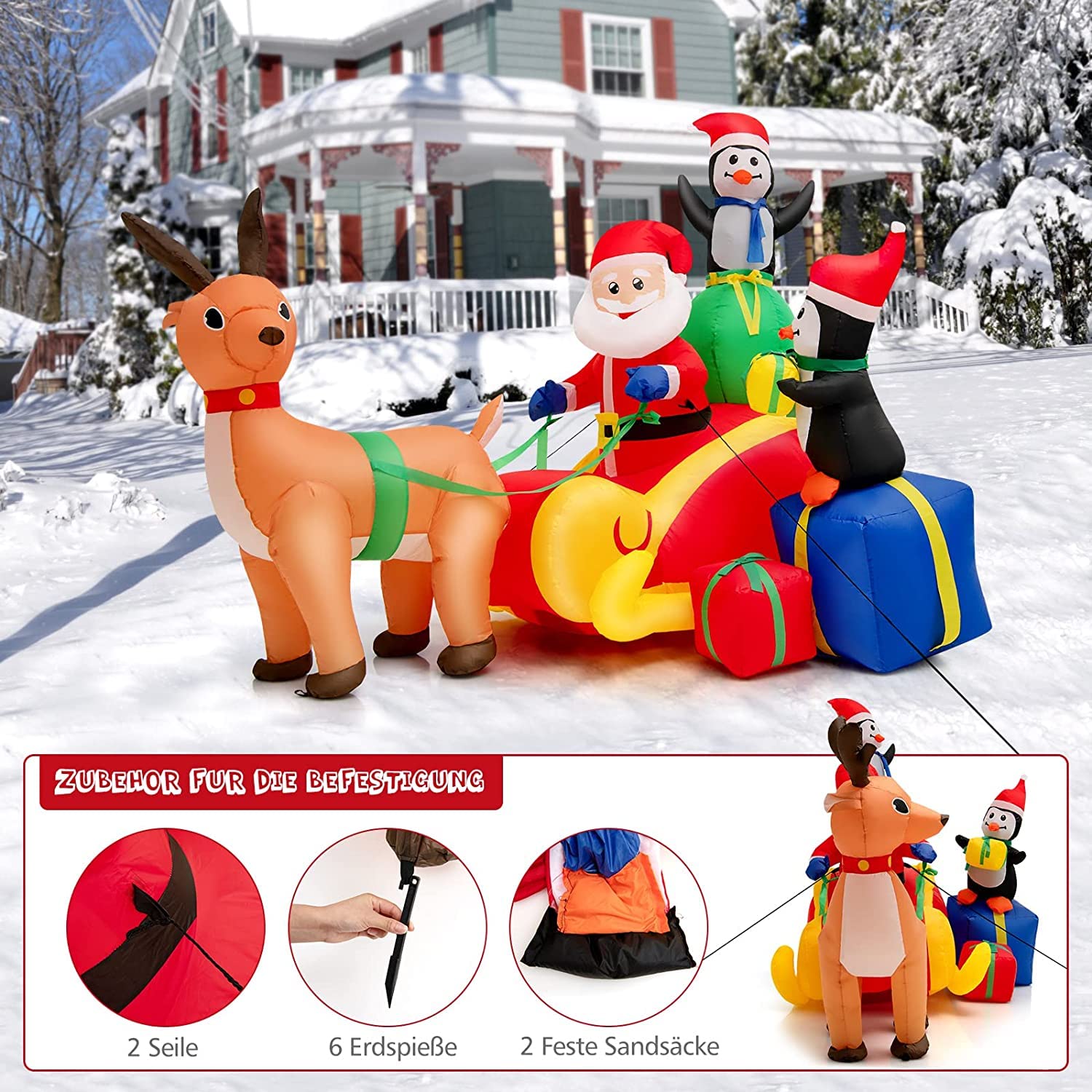 COSTWAY Aufblasbarer Weihnachtsmann mit Schlitten, LED Weihnachtsdekoration mit 2 Pinguinen, Geschenkboxen, Winterdekoration Weihnachtsbeleuchtung für Hof, Rasen, Garten, Party, Selbstaufblasend