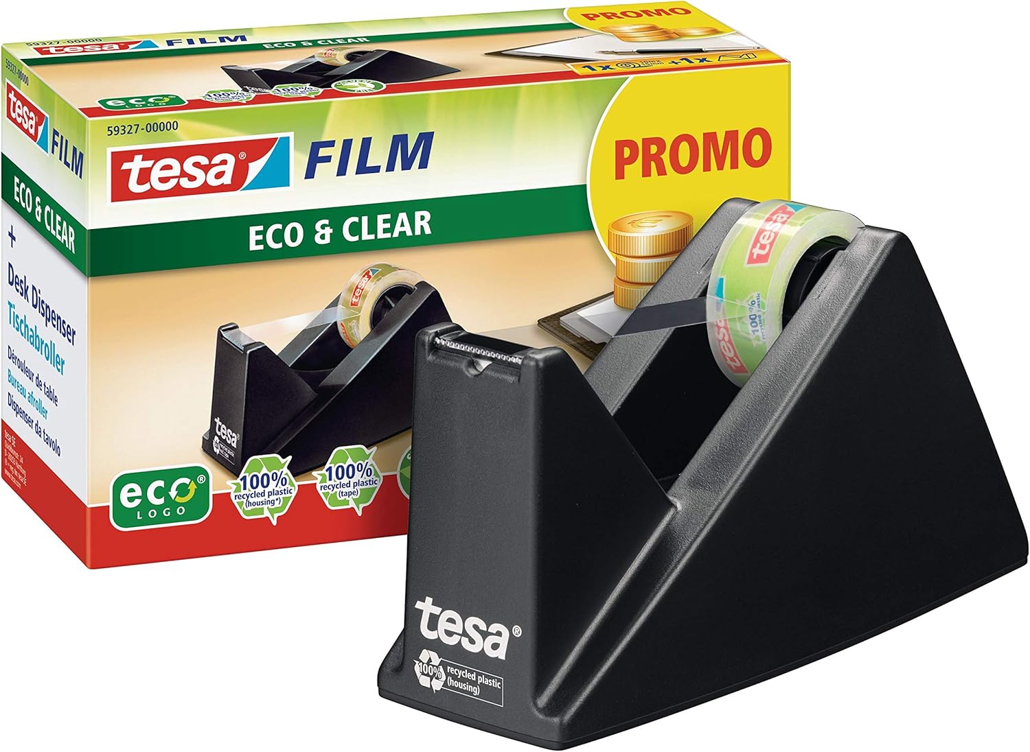 Tesa© ecoLogo© Table Dispenser Filled with 1 Roll Eco & Clear, Black