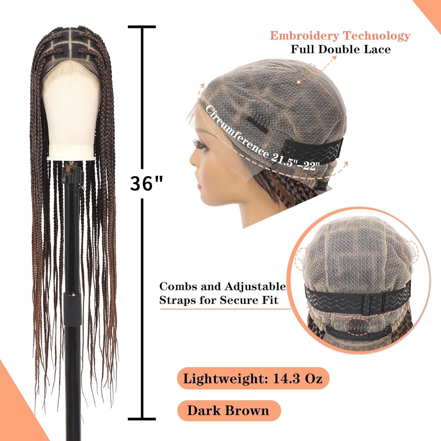 Full Double Lace Knotless Braided Wigs for Black Women Locs Twisted Box Braid Wig (Brown-Square-36‘’, Double Lace Square Knotless Box Briads-36‘’)