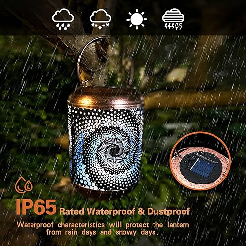 Miniatura 3 de Paquete de 4 faroles solares colgantes para exteriores, faroles LED impermeables de metal con energía solar para jardín, patio, decoración con asa,