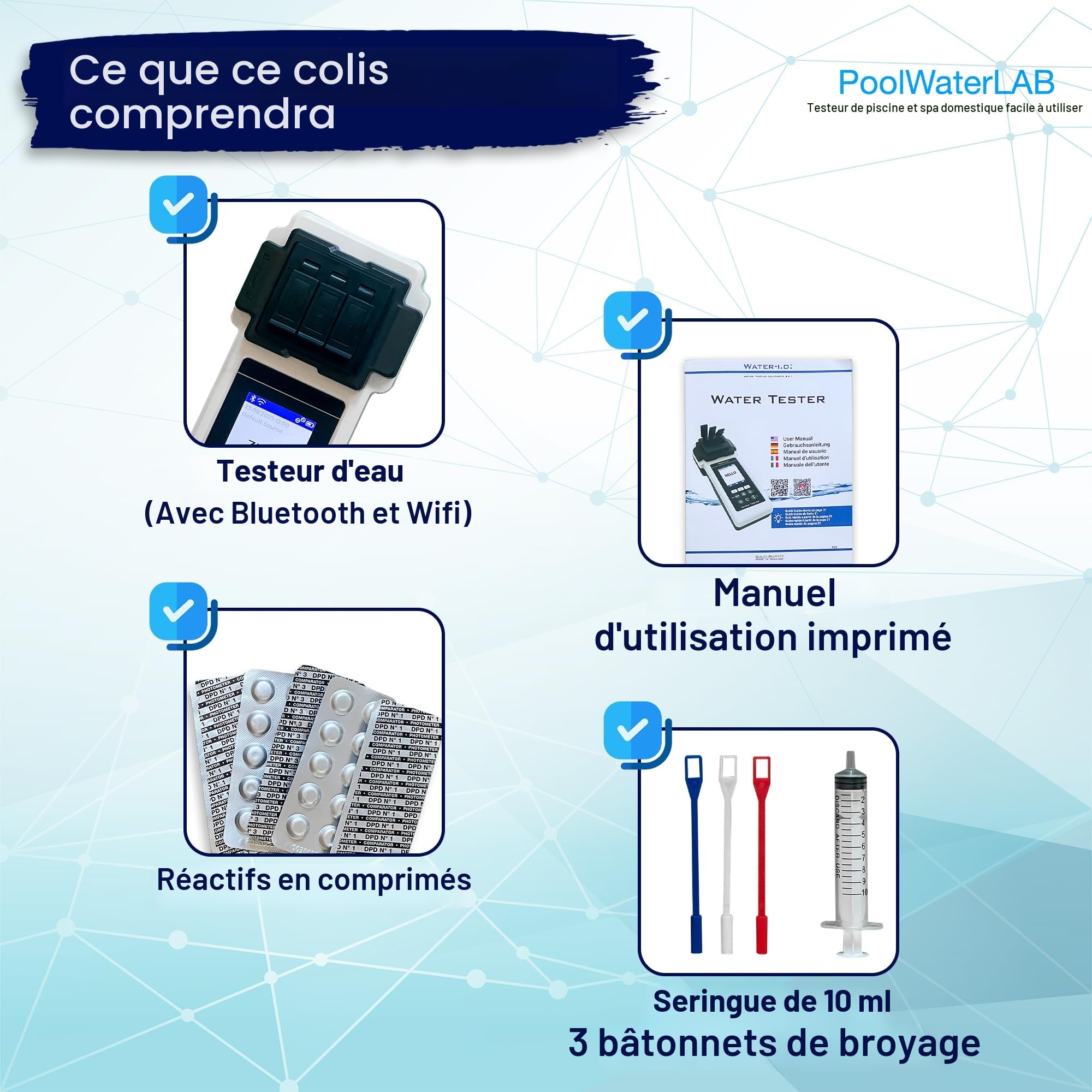 PoolLAB 2.0 Photomètre Électronique Testeur d'Eau - Analyse d'Eau Professionnelle pour Piscine et Spa - Testeur de Piscine Électronique pour 27 Paramètres d'Eau - Inclut 70 Pastilles de Test